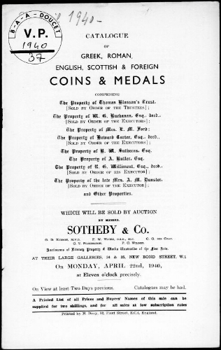 Catalogue of Greek, Roman, English, Scottish and Foreign Coins and Medals [...] : [vente du 22 avril 1940]