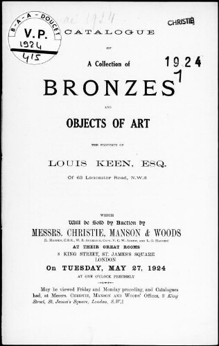Catalogue of a collection of bronzes and objects of art, the property of Louis Keen, Esq. [...] : [vente du 27 mai 1924]