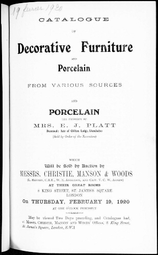 Catalogue of decorative furniture and porcelain [...] : [vente du 19 février 1920]