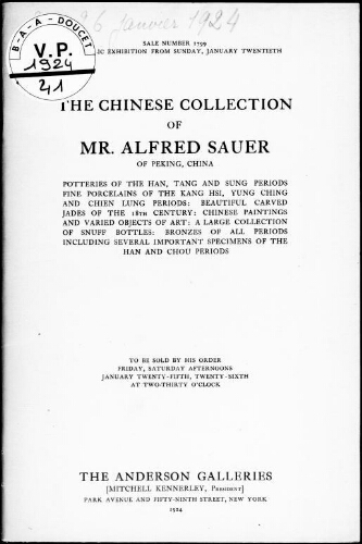 Chinese collection of Mr. Alfred Sauer, of Peking, China [...] : [vente des 25 et 26 janvier 1924]