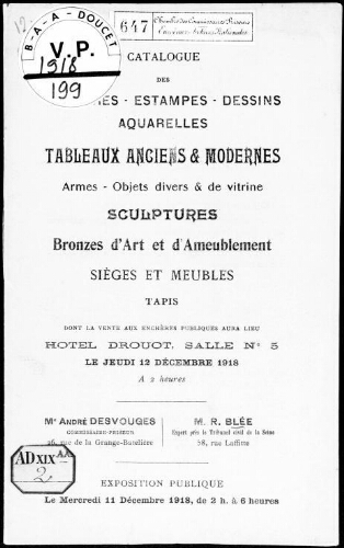 Catalogue des gravures, estampes, dessins, aquarelles, tableaux anciens et modernes […] : [vente du 12 décembre 1918]