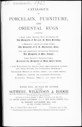 Catalogue of porcelain, furniture, and oriental rugs [...] : [vente du 30 novembre 1923]