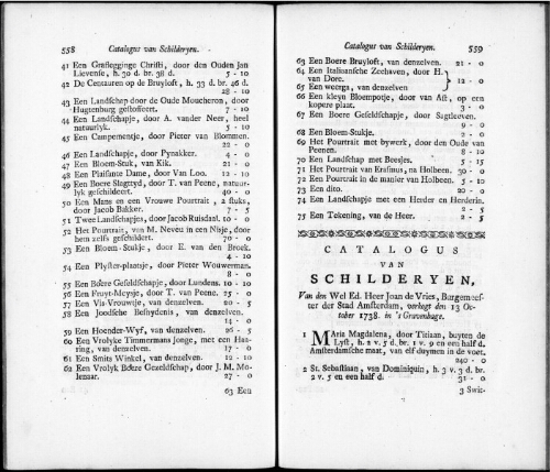 Catalogus van Schilderyen den Wel Ed. Heer Joan de Vries [...] : [vente du 13 octobre 1738]