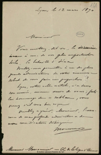 Lettre du Musée de Lyon (?) à Jean-Louis-Ernest Meissonier, 12 mars 1890