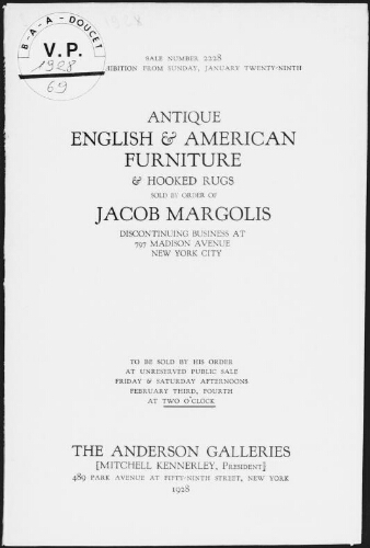 Antique English and American furniture and hooked rugs sold by order of Jacob Margolis [...] : [vente des 3 et 4 février 1928]
