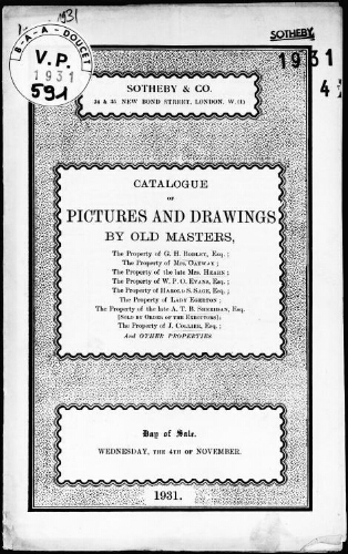 Catalogue of pictures and drawings by old masters [...], the property of G. H. Bodley [...] : [vente du 4 novembre 1931]