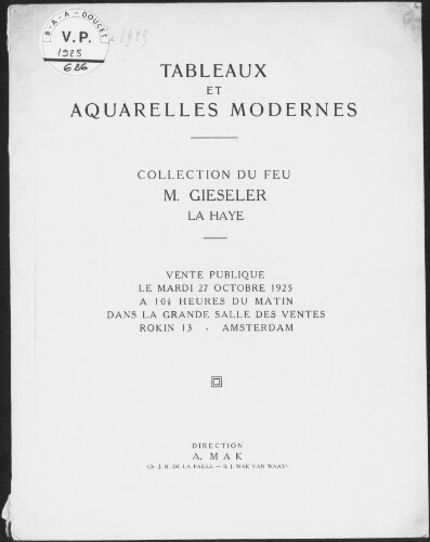 Tableaux et aquarelles modernes, collection du feu M. Gieseler, La Haye : [vente du 27 octobre 1925]