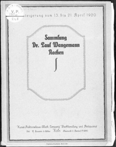 Sammlung Dr. Paul Wangemann, Aachen : [vente du 13 au 21 avril 1920]