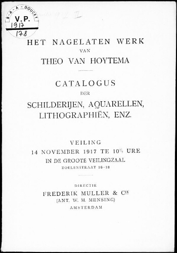 Het nagelaten werk van Theo van Hoytema […] : [vente du 14 novembre 1917]