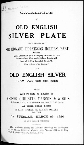 Catalogue of old english silver plate [...] : [vente du 23 mars 1920]