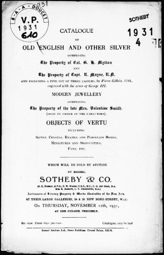 Catalogue of old English and other silver comprising the property of Col. G. H. Mytton [...] : [vente du 12 novembre 1931]