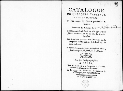 Catalogue de quelques tableaux de bons maîtres, et d'un choix de pierres précieuses et bijoux [...] : [vente du 14 mai 1778]