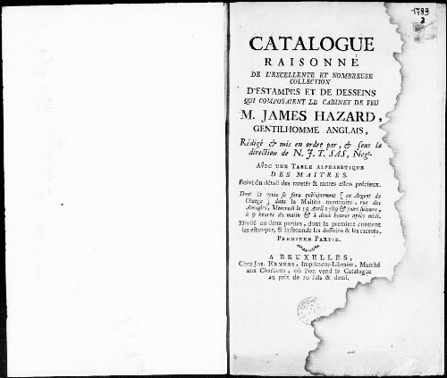 Catalogue raisonné de l’excellente et nombreuse collection d’estampes et de dessins qui composaient le cabinet de feu M. James Hazard [...] : [vente du 15 avril 1789]