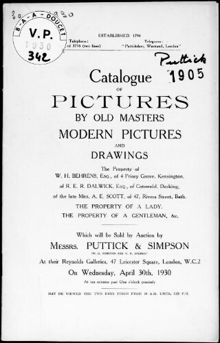 Catalogue of pictures by old masters, modern pictures and drawings, the property of W. H. Behrens […] : [vente du 30 avril 1930]