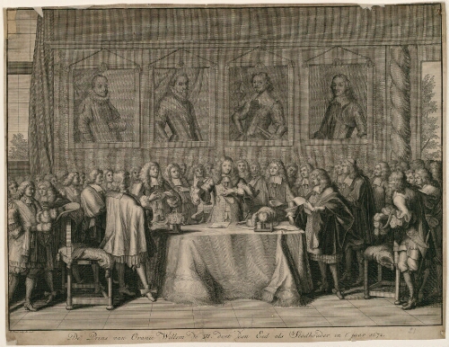 De Prins van Oranie Willem de III doet den Eed als Stadhouder in t'jaar 1672