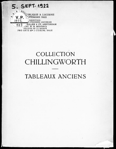 Collection Chillingworth. Tableaux anciens : [vente du 5 septembre 1922]
