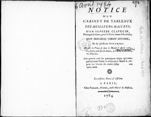 Notice d’un cabinet de tableaux des meilleurs maîtres [...] : [vente du 6 avril 1784]