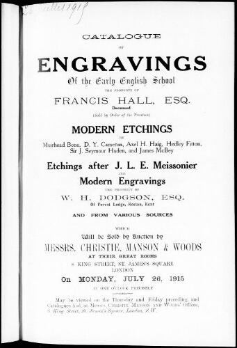 Catalogue of engravings of the early English school […] : [vente du 26 juillet 1915]