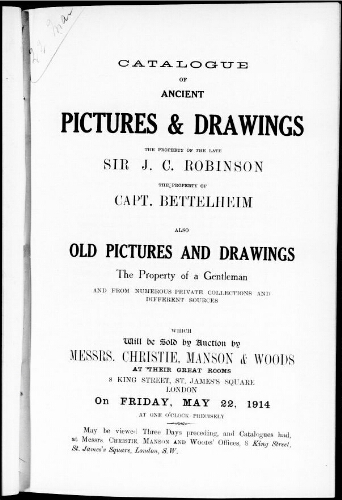 Catalogue of ancient pictures and drawings […] : [vente du 22 mai 1914]