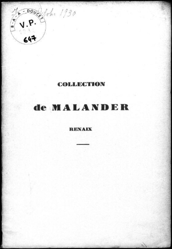 Collection De Malander, Renaix : [vente des 7 et 8 octobre 1930]