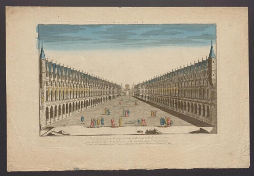 6ème vue d'optique nouvelle, représentant la décoration du Pont Notre Dame, pris de la rue des Arcis, avec le petit Châtelet dans l'éloignement