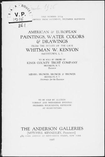 American and European paintings, water colors and drawings from the estate of the late Whitman W. Kenyon [...]: [vente des 14 et 15 décembre 1926]