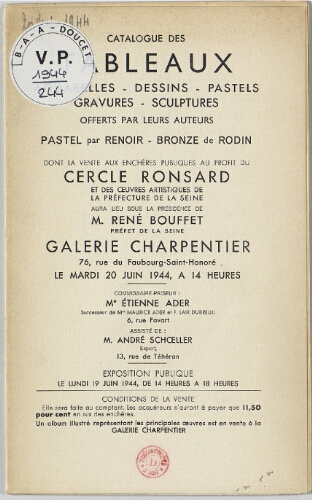 Catalogue des tableaux, aquarelles, dessins, pastels, gravures, sculptures [...] : [vente du 20 juin 1944]