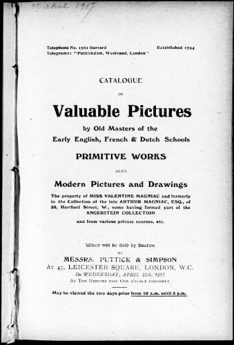 Catalogue of valuable pictures by old masters of the early English, French and Dutch schools […] : [vente du 25 avril 1917]
