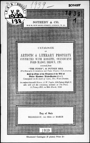 Catalogue of artistic and literary property removed from The Pines, 11 Putney Hill […] : [vente du 22 mars 1939]