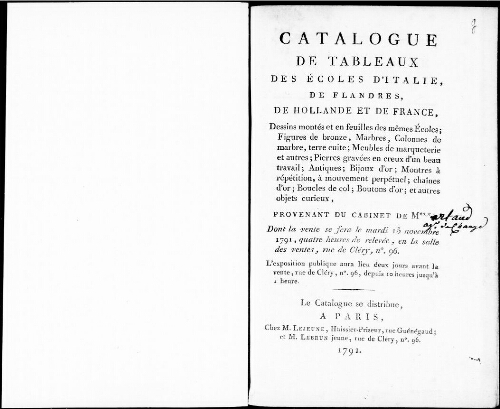 Catalogue de tableaux des écoles d’Italie, de Flandres, de Hollande et de France, dessins [...] : [vente du 15 novembre 1791]