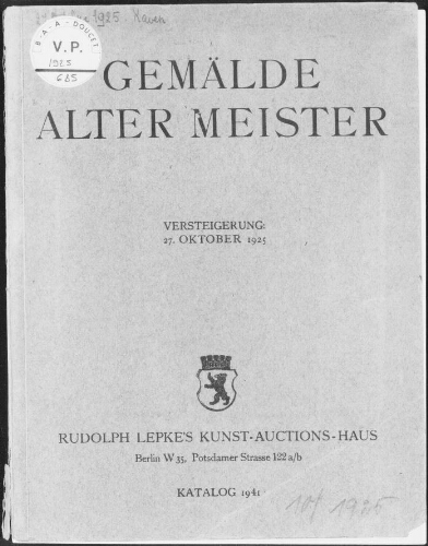 Gemälde alter Meister : [vente du 27 octobre 1925]