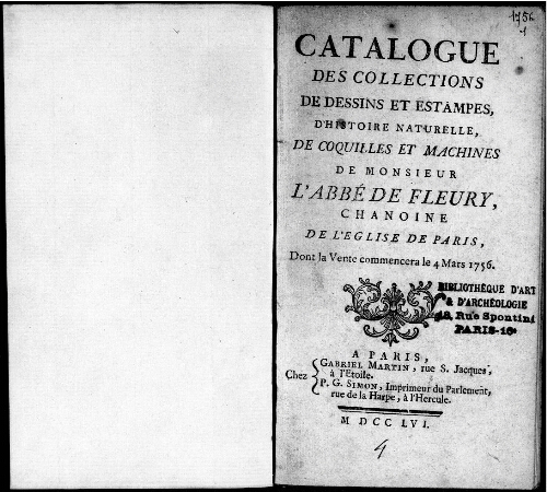 Catalogue des collections de dessins et estampes, d'histoire naturelle [...] : [vente du 4 mars 1756]