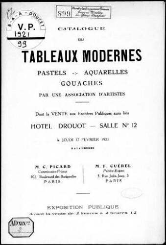 Catalogue des tableaux modernes, pastels, aquarelles, gouaches par une association d'artistes : [vente du 17 février 1921]
