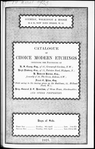 Catalogue of choice modern etchings, including the properties of H. S. Curry, Esq. [...] : [vente des 9 et 10 avril 1923]