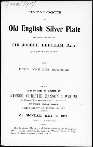 Catalogue of old English silver plate […] : [vente du 7 mai 1917]