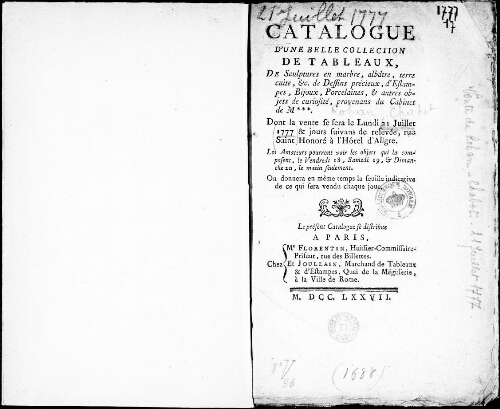 Catalogue d'une belle collection de tableaux, de sculptures en marbre, albâtre, terre cuite [...] : [vente du 21 juillet 1777]