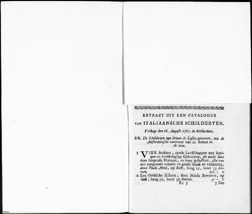 Extract uit een Catalogus van Italiaansche Schilderyen [...] : [vente du 26 août 1767]