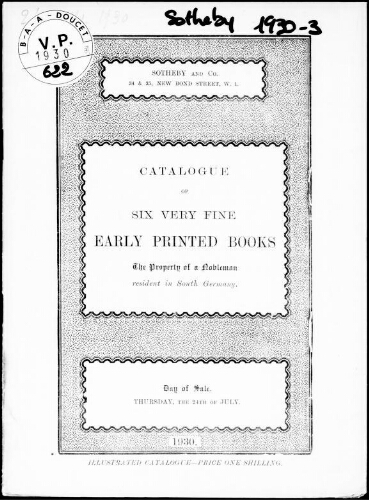 Six very fine early printed books : [vente du 24 juillet 1930]