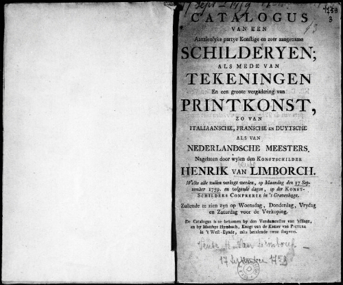 Catalogus van een Aanzienlyke partye Konstige en zeer aangename Schilderyen [...] : [vente du 17 septembre 1759]
