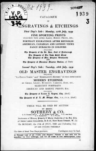 Catalogue of engravings and etchings [...] : [vente des 17 et 18 juillet 1939]
