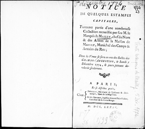 Notice de quelques estampes capitales, faisant partie d'une nombreuse collection recueillie par feu M. le marquis de Mailly [...] : [vente du 5 décembre 1774]