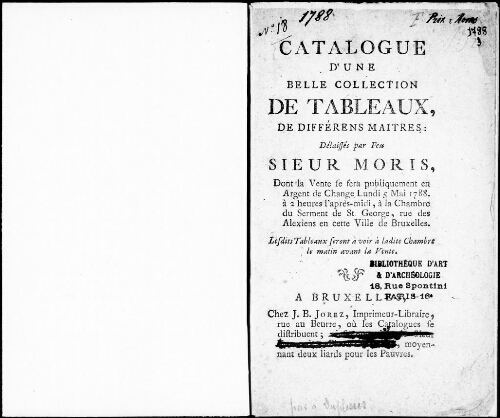 Catalogue d’une belle collection de tableaux de différents maîtres délaissés par feu Sieur Moris [...] : [vente du 5 mai 1788]