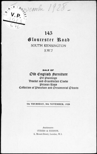 145 Gloucester Road, South Kensington, S.W.7, sale of old English furniture [...] : [vente du 8 novembre 1928]