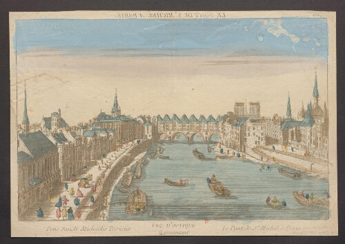 Vue d'optique représentant Le Pont de Saint Michel à Paris = Pons Sancti Michaelis Parisiis