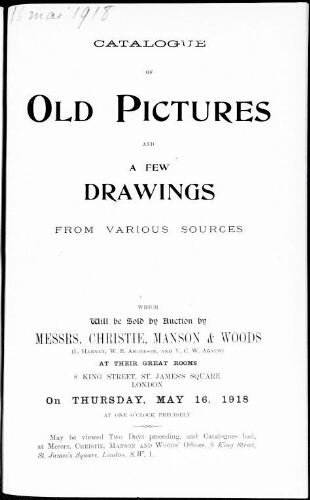 Catalogue of old pictures and a few drawings […] : [vente du 16 mai 1918]