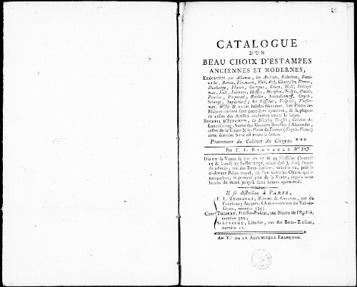 Catalogue d'un beau choix d'estampes anciennes et modernes [...] : [vente des 15 et 17 juillet 1797]