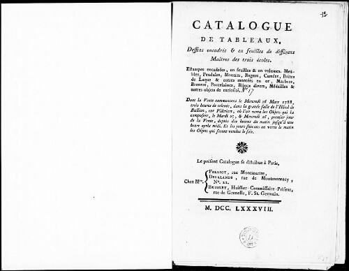Catalogue de tableaux, dessins encadrés et en feuilles de différents maîtres des trois écoles [...] : [vente du 26 mars 1788]