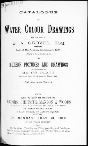 Catalogue of water colour drawings [...] : [vente du 21 juillet 1919]