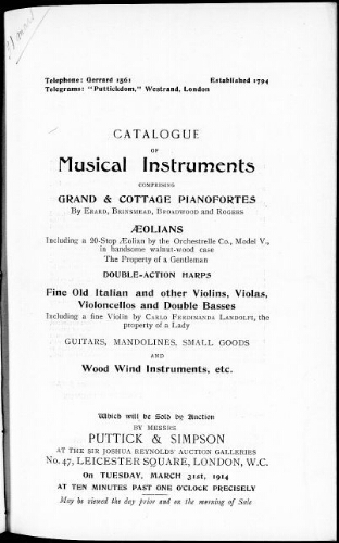 Catalogue of musical instruments [...] : [vente du 31 mars 1914]