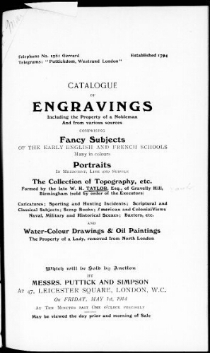Catalogue of engravings [...] : [vente du 1er mai 1914]